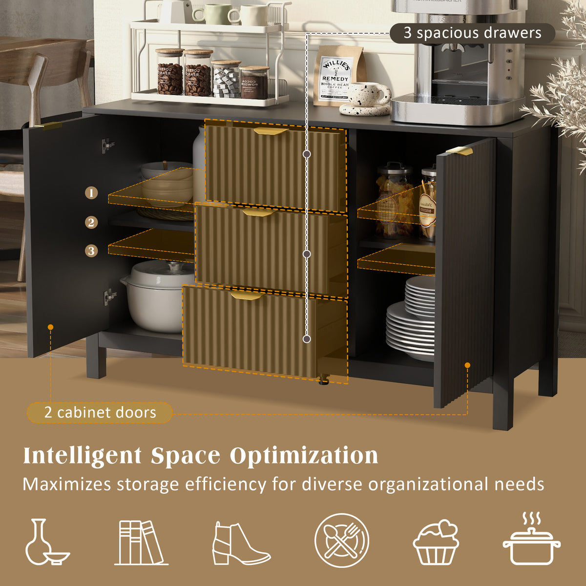 variant-group:rf-n711p269066b|Roomfitters Sideboard Buffet Cabinet with 3 Drawers, Mid-century Modern Fluted Accent Storage for Kitchen & Dining, Black