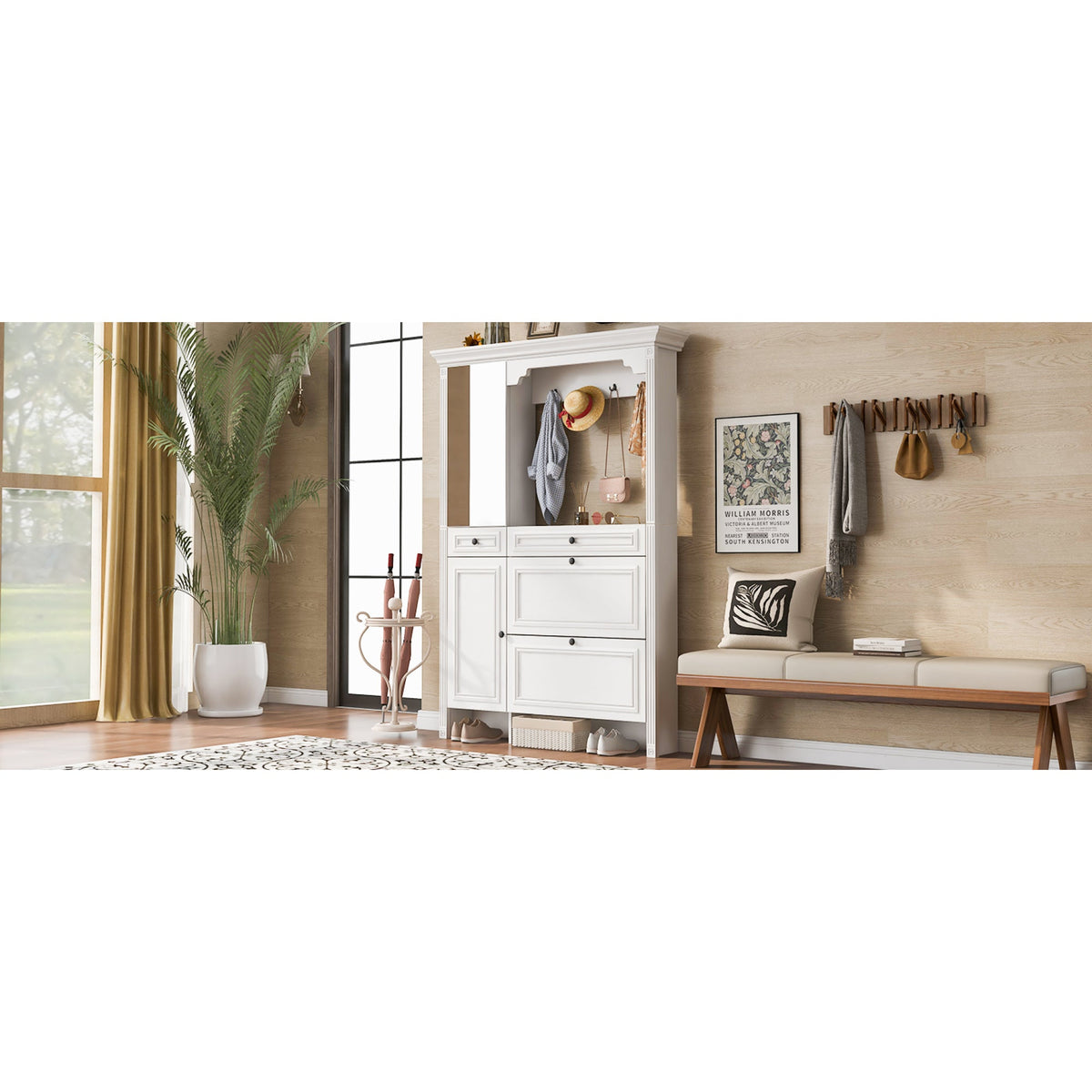 Roomfitters Hall Tree with Shoe Cabinet and Mirrored Door, 4 Hooks and Bench Storage Organizer, White Roomfitters