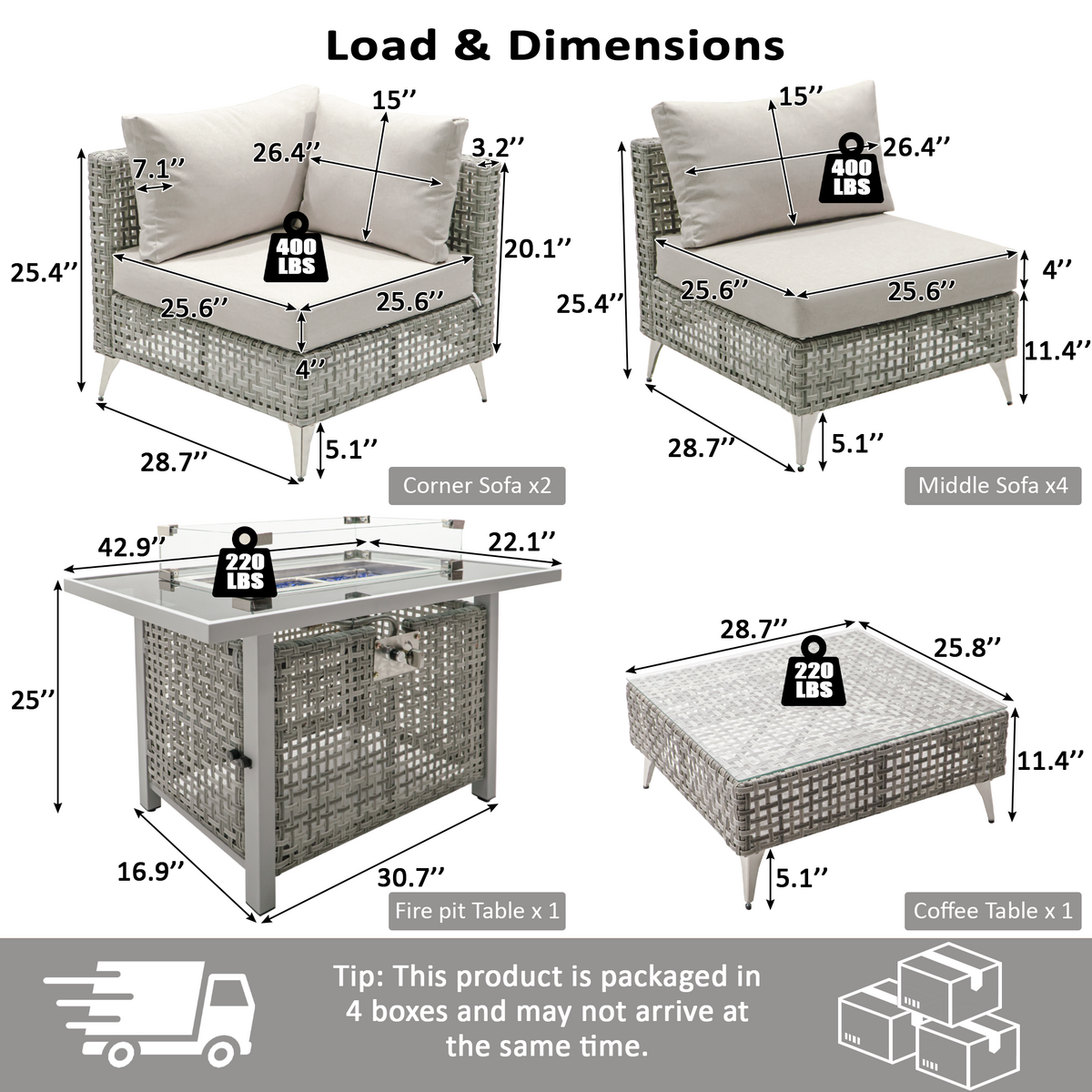 variant-group:rf-n707s000012g|Roomfitters 8-Piece Patio Furniture Set with 43" Fire Pit Table, Outdoor Conversation Set with Thick Cushions, Grey