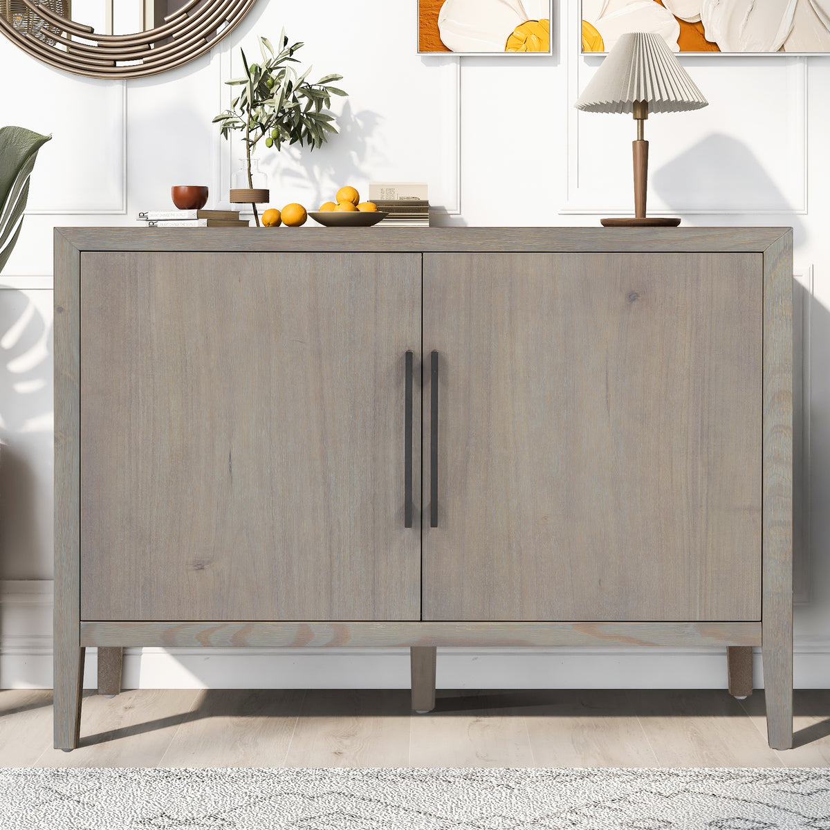 variant-group:rf-n711p410389e|Roomfitters 47.25-Inch Farmhouse Sideboard, 2-Door Buffet Cabinet, Grey Wooden Storage Console, Metal Handles