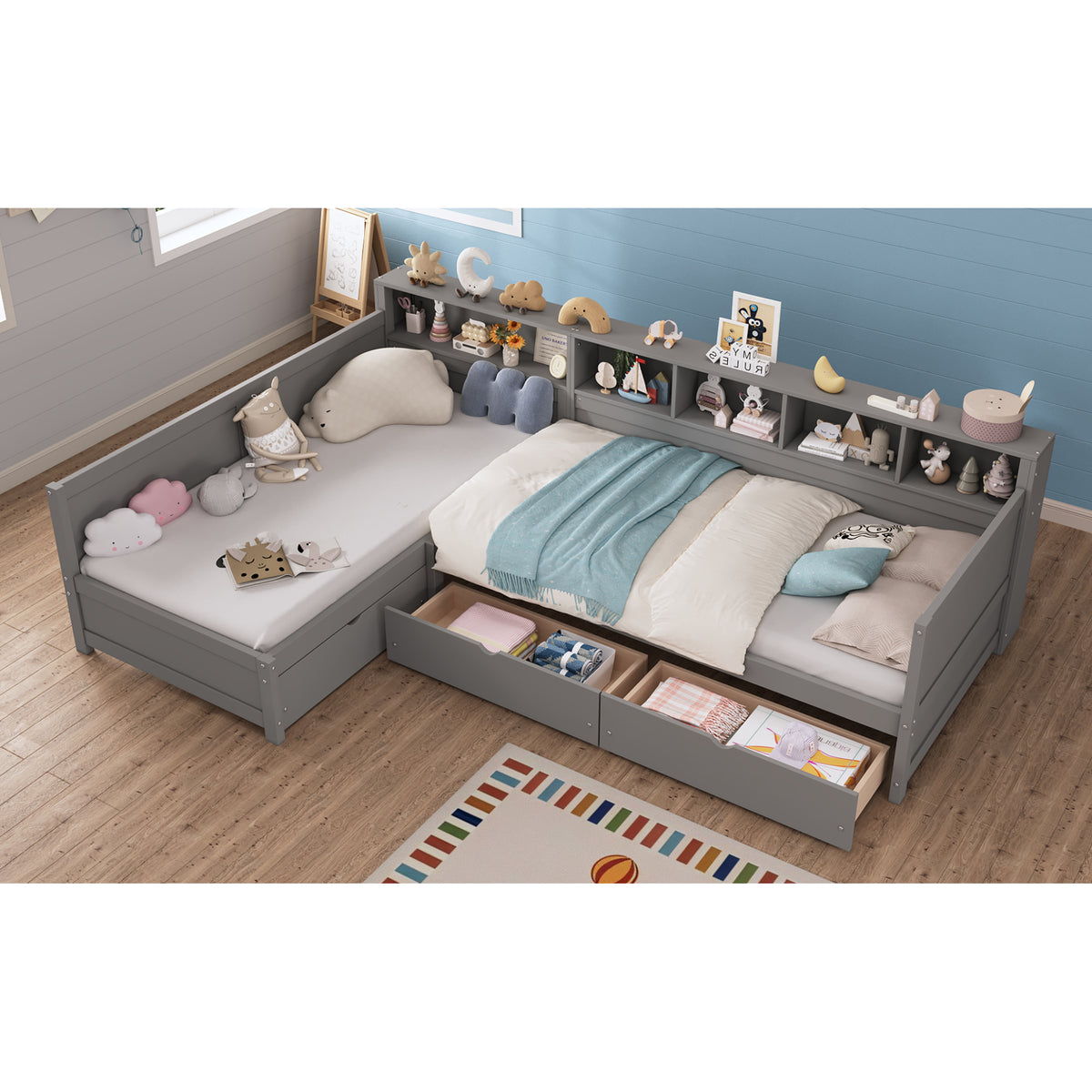 variant-group:rf-n733s369272e|Roomfitters Twin L-Shaped Daybed for 2 with 3 Storage Drawers, Wooden Corner Bed Frame with Bookshelf for Bedroom, Gray