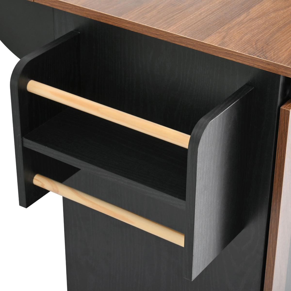 variant-group:rf-n707p288229b|Roomfitters 55.5" Rolling Kitchen Island with Drop Leaf, Mobile Kitchen Storage Cart with Sliding Barn Door, Power Outlets, Black