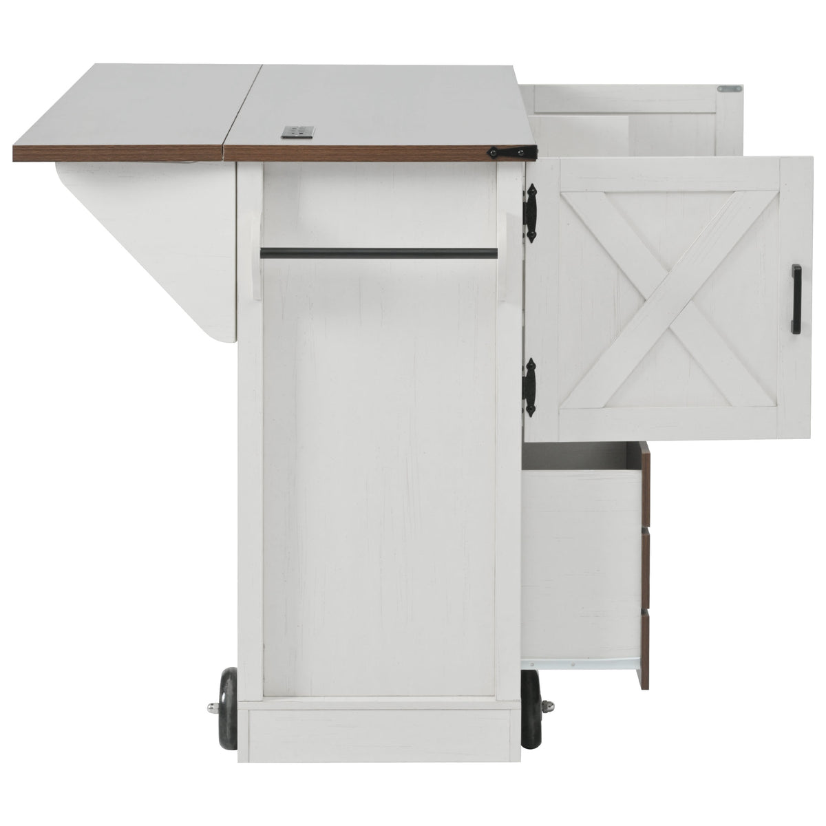 variant-group:rf-n707p349814w|Roomfitters 54" Farmhouse Kitchen Island with Drop Leaf, Power Outlet, Wine Rack, 2 Drawers, 2 Doors, White