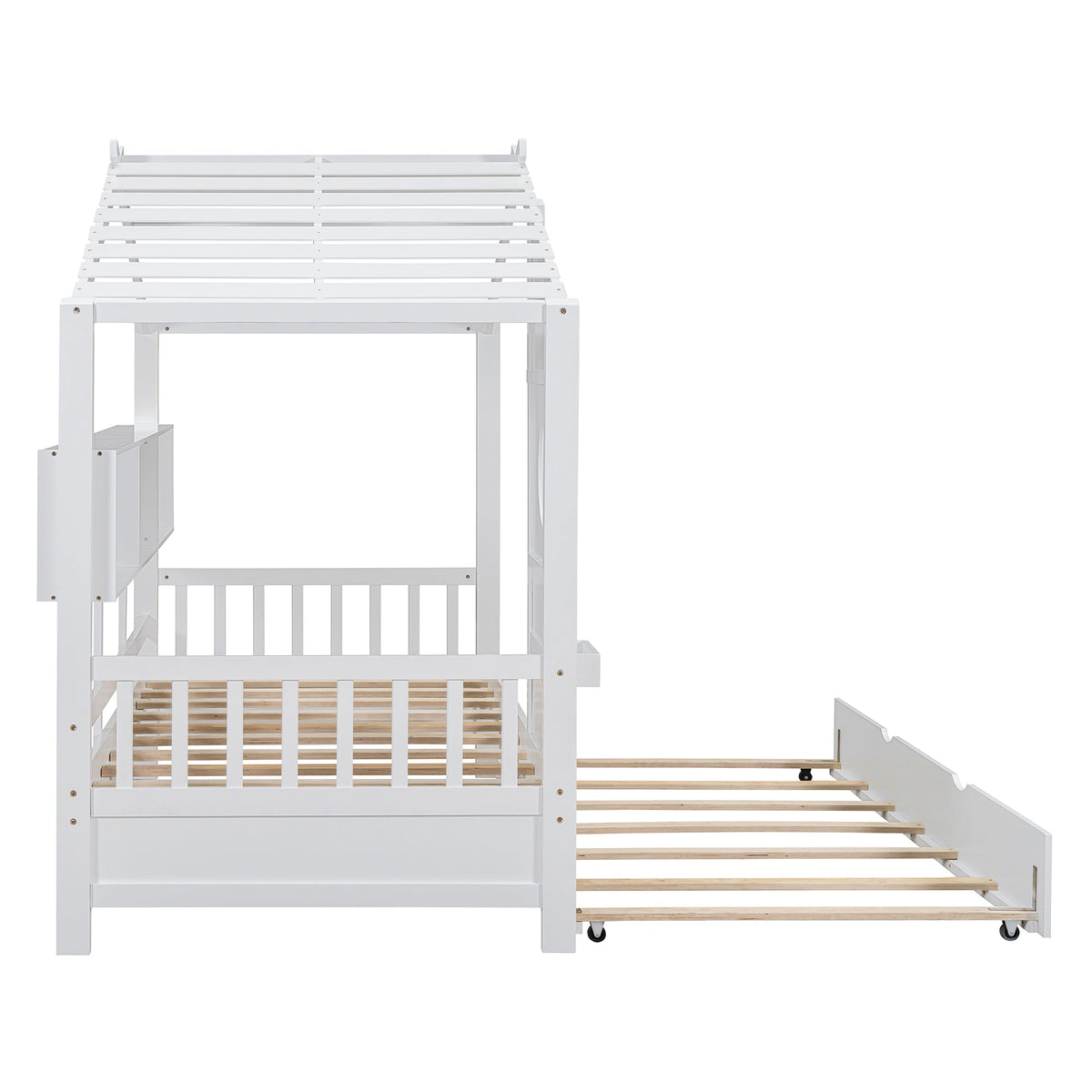 Roomfitters Wooden Twin Size House Bed with Trundle and Storage Shelf, White