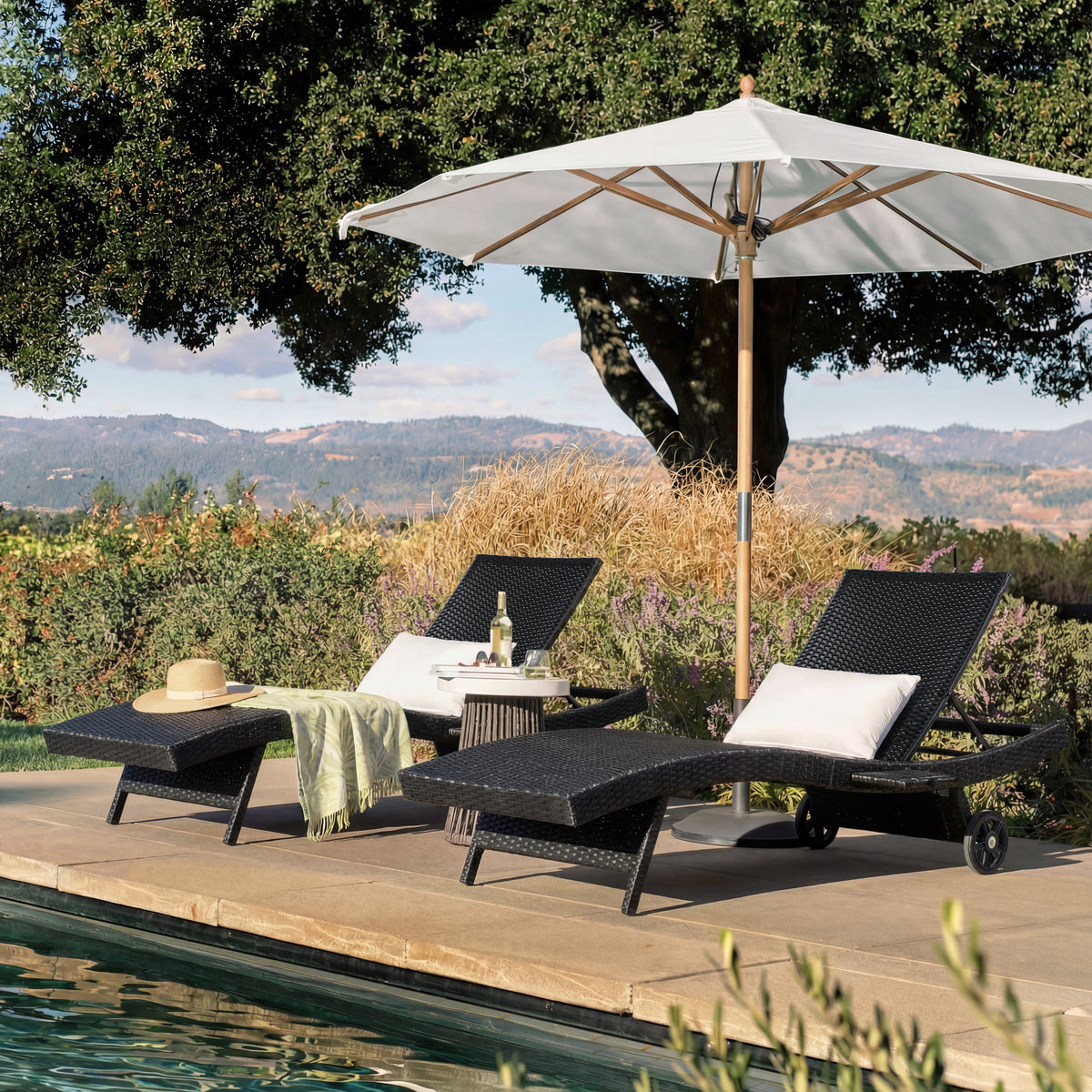 variant-group:rf-n707p395515b|Roomfitters 80"W Patio Chaise Lounge Chairs Set of 2 with Wheels, Folding Table, Adjustable Rattan Loungers, Black