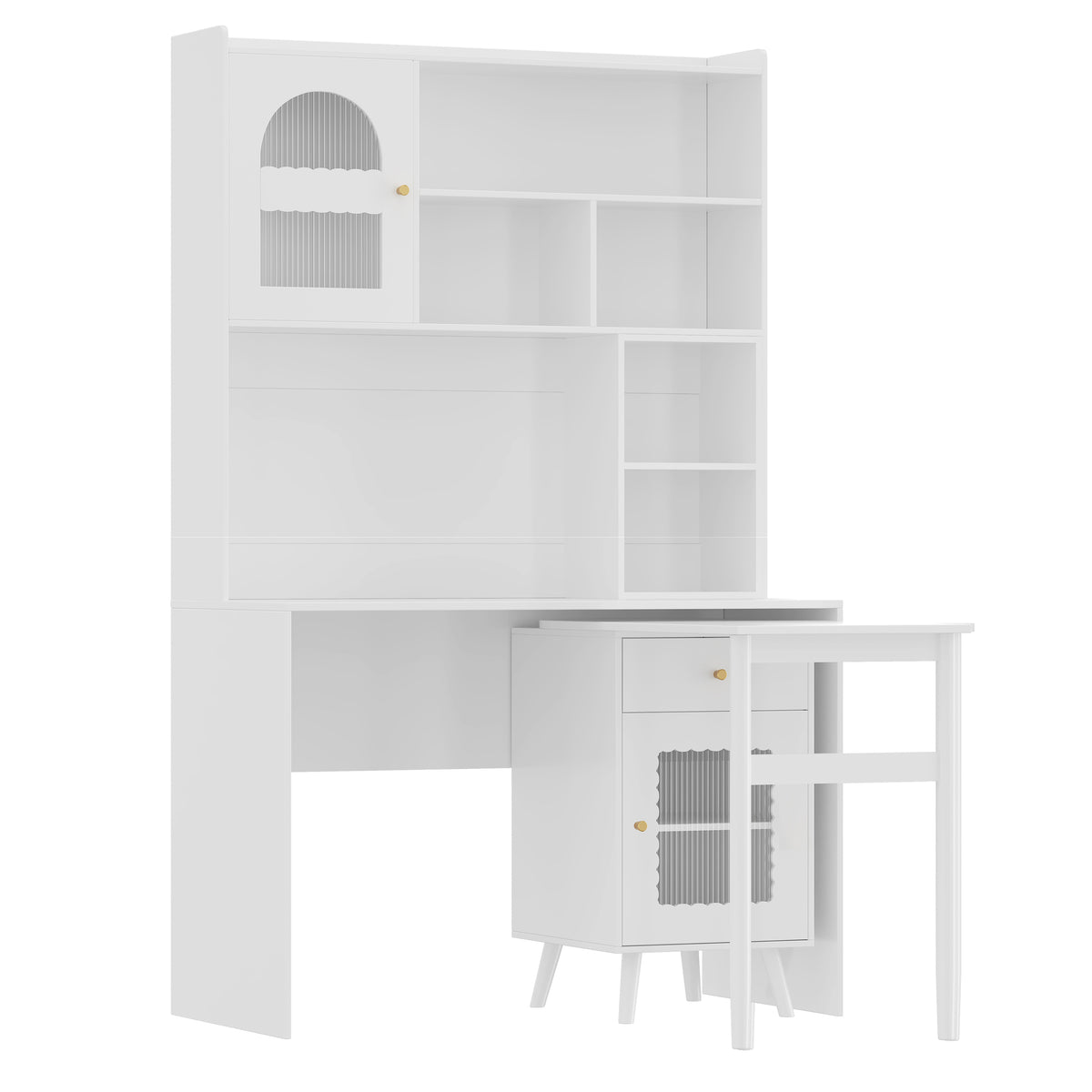 variant-group:rf-n733s363716k|Roomfitters Rotating L-Shaped Computer Desk with Shelves and Storage, 90° Swivel Office Writing Desk, White