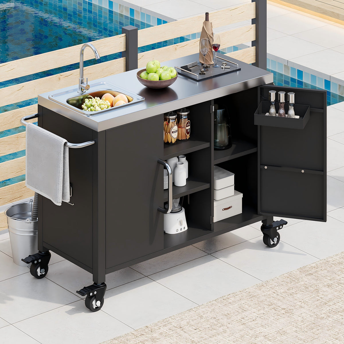 Roomfitters 55.5" Outdoor Kitchen Island with Stainless Steel Sink, Rolling Grill Prep Cart & Storage Cabinet, Black