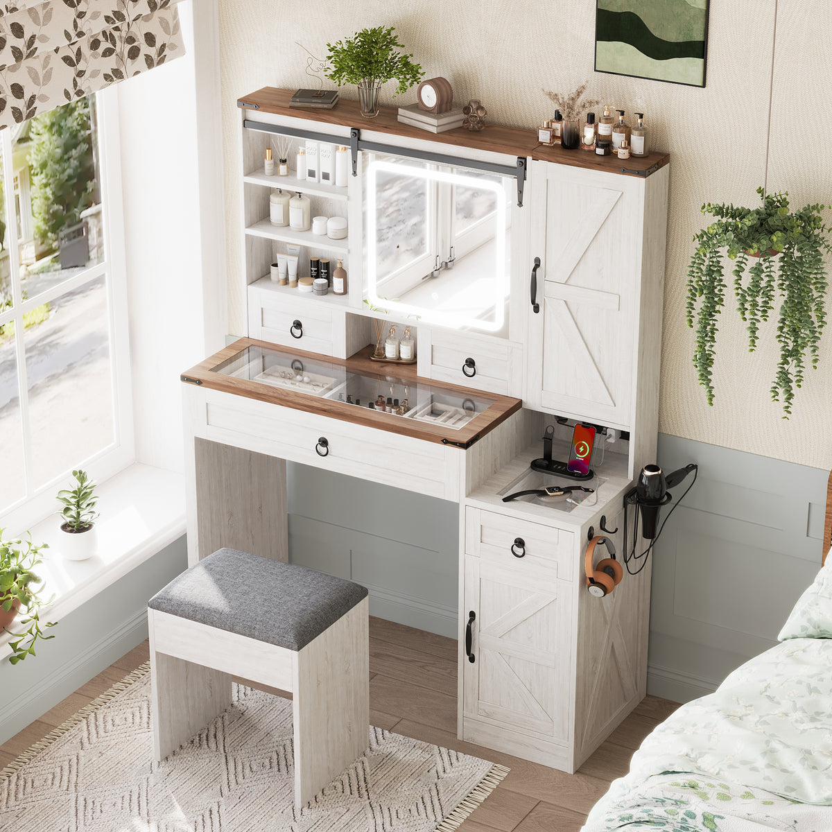 variant-group:rf-n733p340562k|Roomfitters Farmhouse Vanity Desk with Sliding Mirror & Lights, Glass Top, Charging Station, 4 Drawers, 2 Cabinets, Stool, White