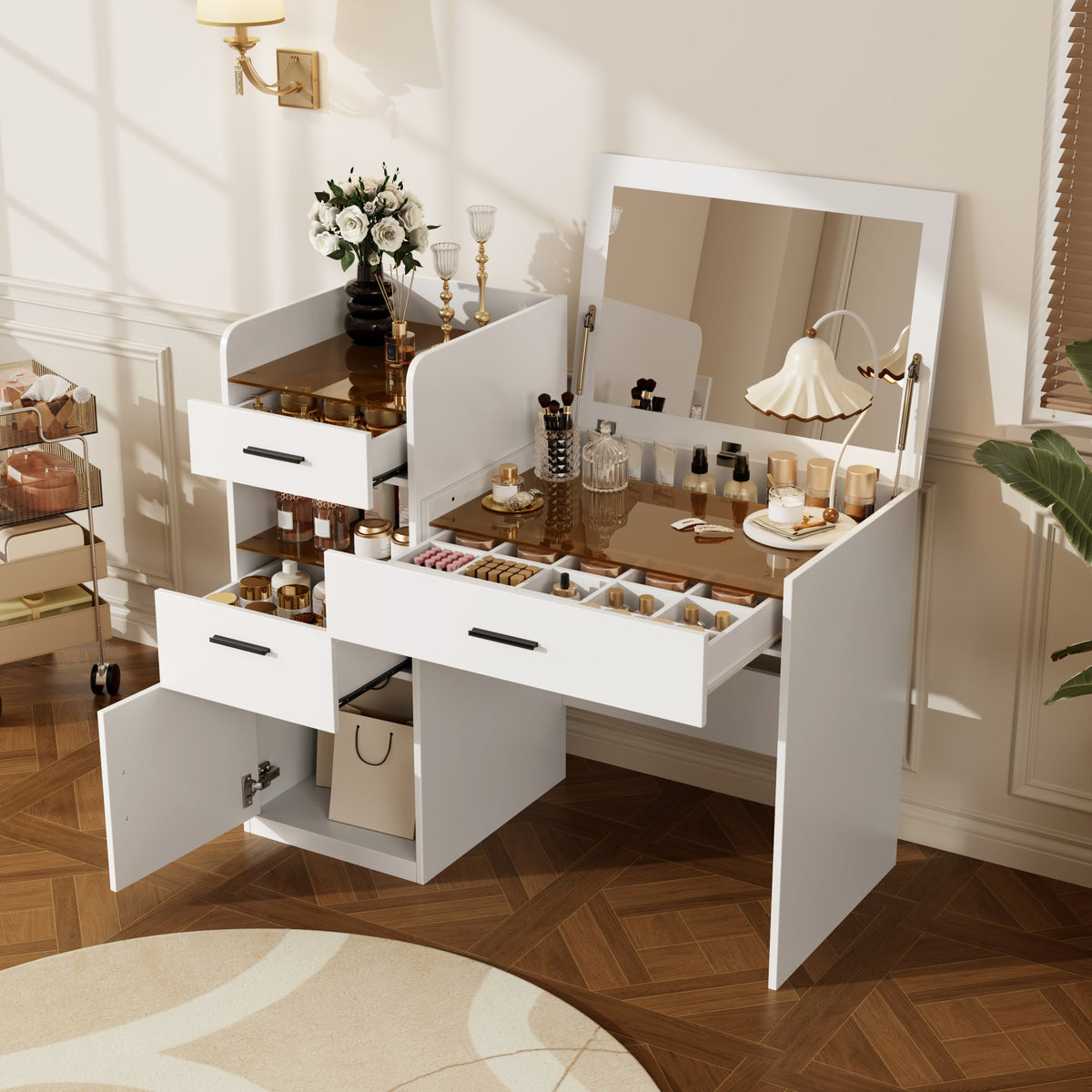 Roomfitters 3-in-1 Compact Space-Saving Vanity Desk with Flip Top Mirror and Amber Tempered Glass Top White Roomfitters