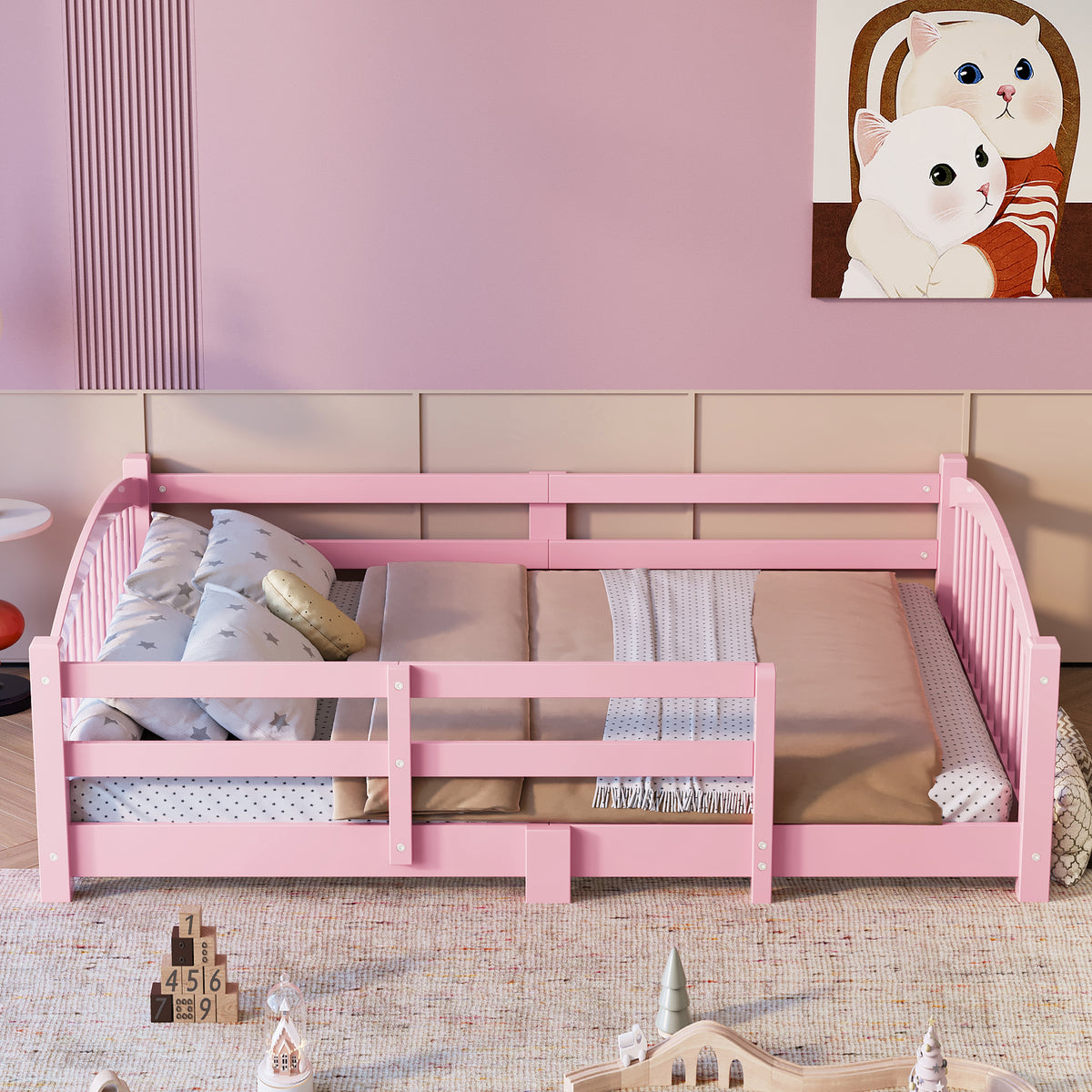 variant-group:rf-n733p400299h|Roomfitters Full Montessori Floor Bed with Guardrails, Solid Wood Low Platform Bed with Slats, Easy Assembly, Pink