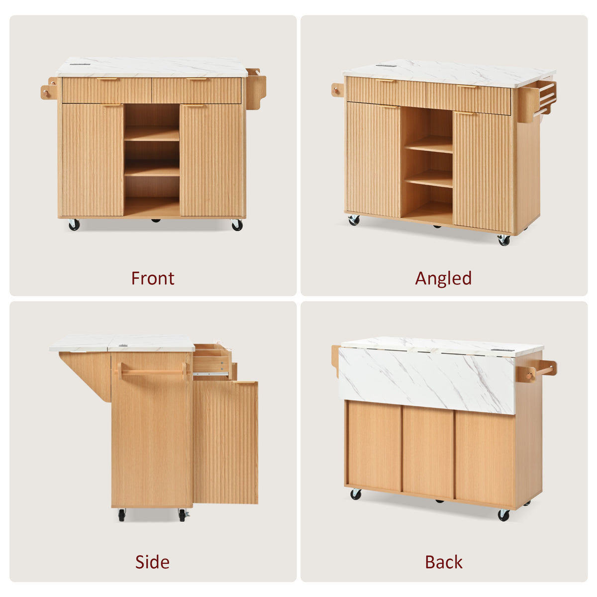 variant-group:rf-n707s000019y|Roomfitters 52" Fluted Kitchen Island with Drop Leaf, Power Outlet & Faux Marble Top, Natural