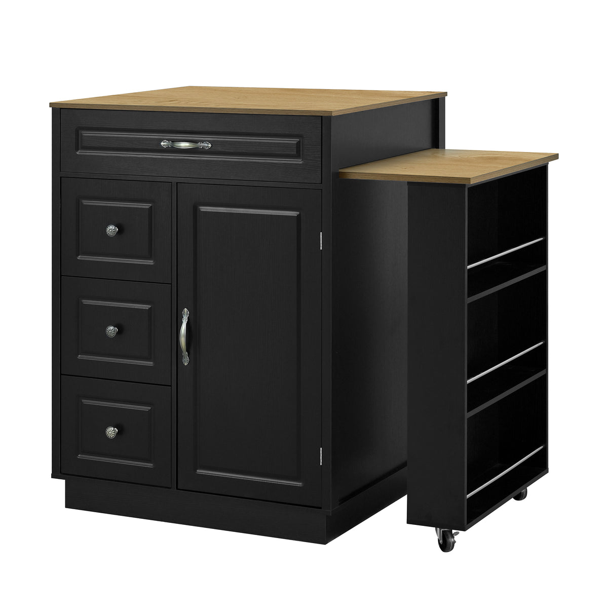 variant-group:rf-n711wy000493aab|Roomfitters Black and Natural Wood MDF Extendable Bar Cabinet, Rolling Kitchen Island Table, Wine Rack Storage