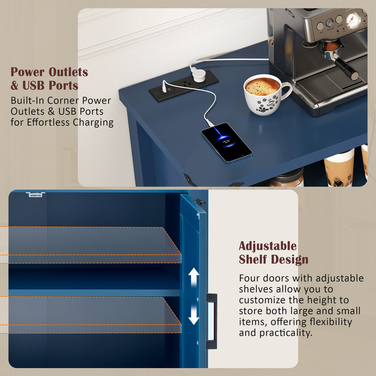 variant-group:rf-n711p347407v|Roomfitters 59" Sideboard Buffet Cabinet with 4 Door & Open Storage, Modern Farmhouse Industrial Coffee Bar Station, Navy Blue