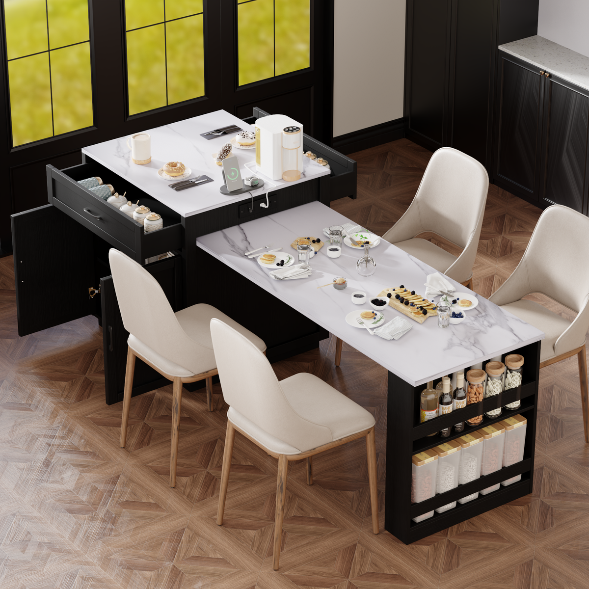 variant-group:rf-n707s000010b|Roomfitters 82.7" Kitchen Island with Extendable Table, Faux Marble Top, Double Storage, Power Outlet, Black