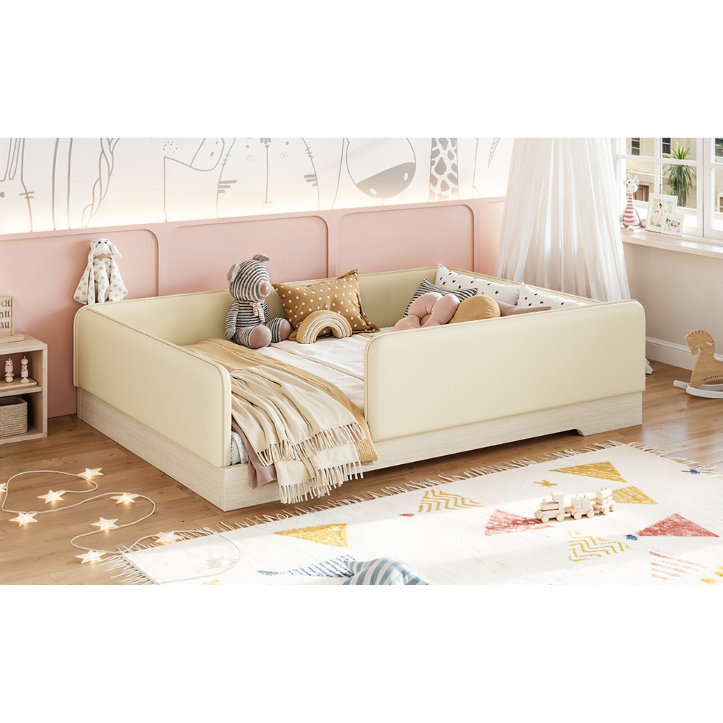 variant-group:rf-w1580s00671|Roomfitters Full Size Upholstered Floor Bed Frame with Removable Guardrails, Faux Leather Low Profile Platform, Beige
