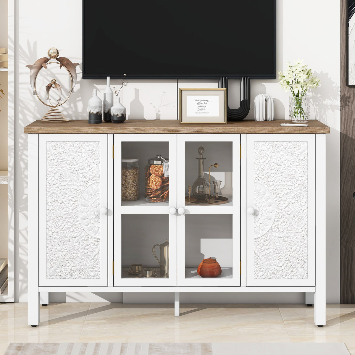 Roomfitters Retro TV Stand for up to 43 Inch TV, Media Console with Glass Cabinet Doors and Anti-Tip Safety Feature, White Roomfitters