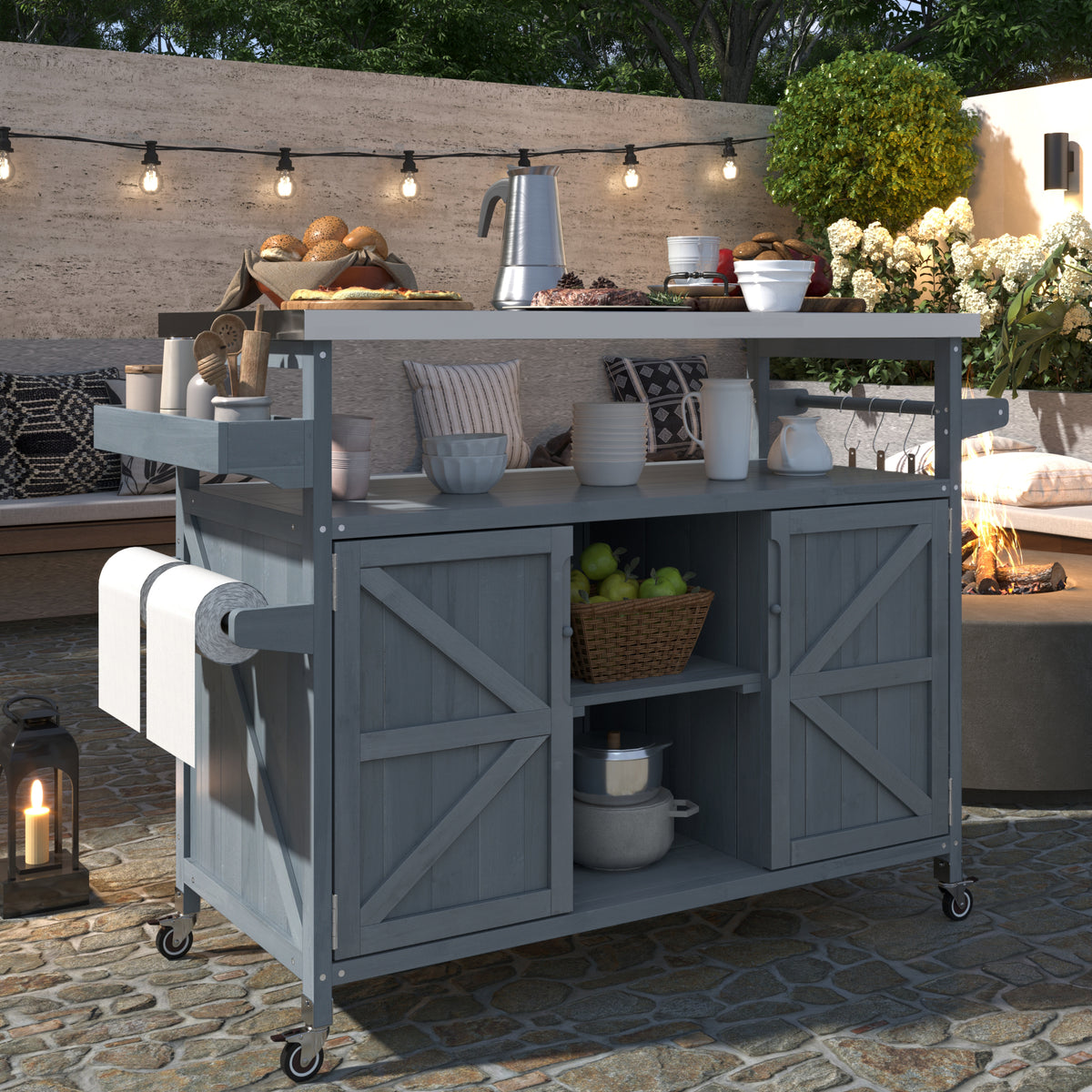 variant-group:rf-n707wf532198aag|Roomfitters Outdoor Kitchen Island Rolling Bar Cart & Storage Cabinet, Farmhouse Solid Wood Outdoor Grill Table with Stainless Steel Top, Spice Rack, Towel Rack for Kitchen & Barbecue, Grey Blue