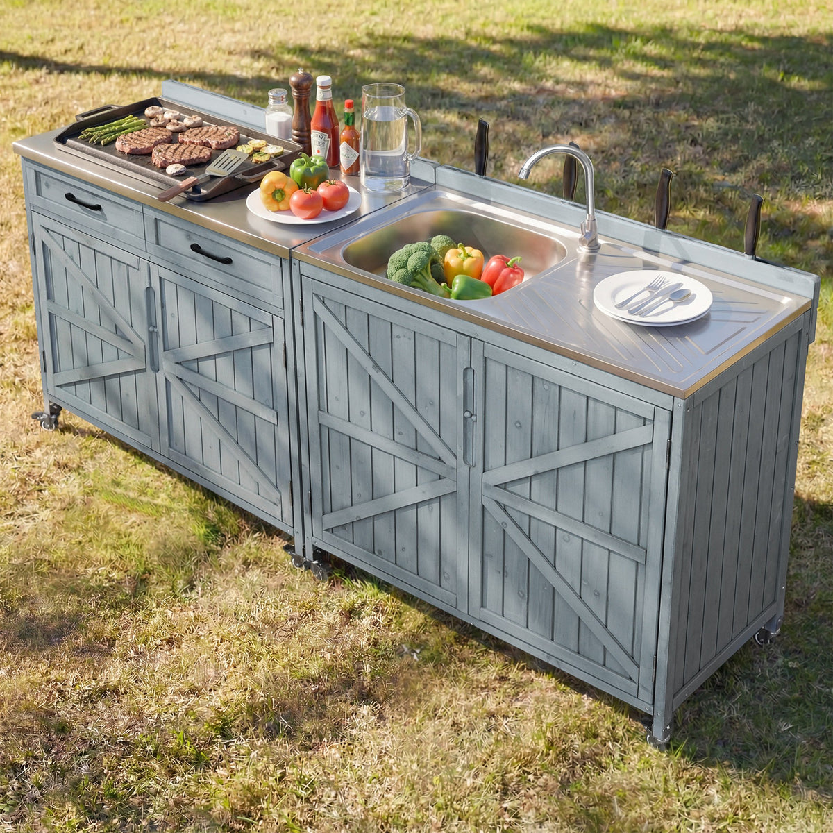 variant-group:rf-n707s000024g|Roomfitters 2-Piece Outdoor Grill Cart with Stainless Steel Top, Sink and Faucet, BBQ Prep Station, Grey+Blue
