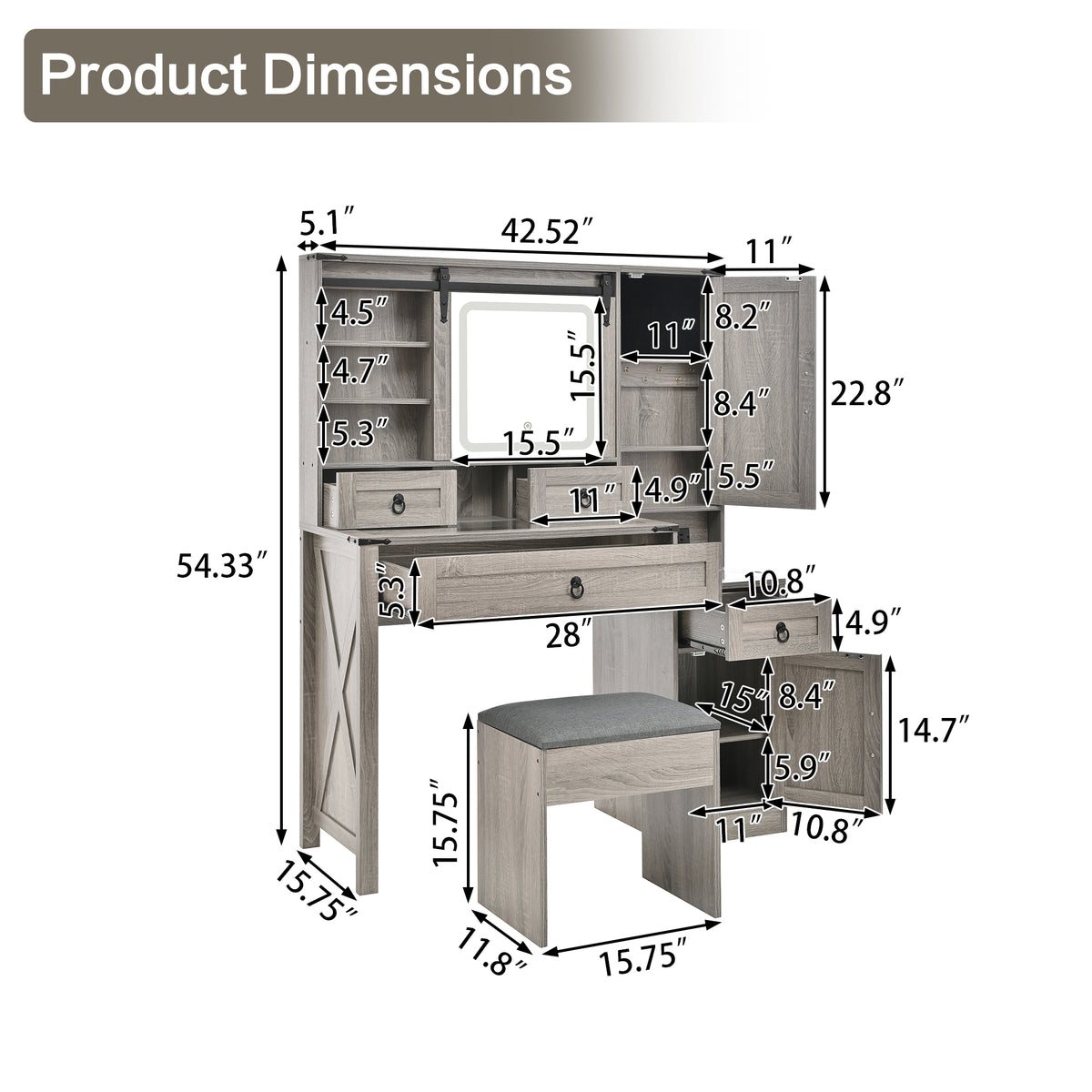 variant-group:rf-n733p340562g|Roomfitters Farmhouse Vanity Desk with Sliding Mirror & Lights, Glass Top, Charging Station, 4 Drawers, 2 Cabinets, Stool, Gray