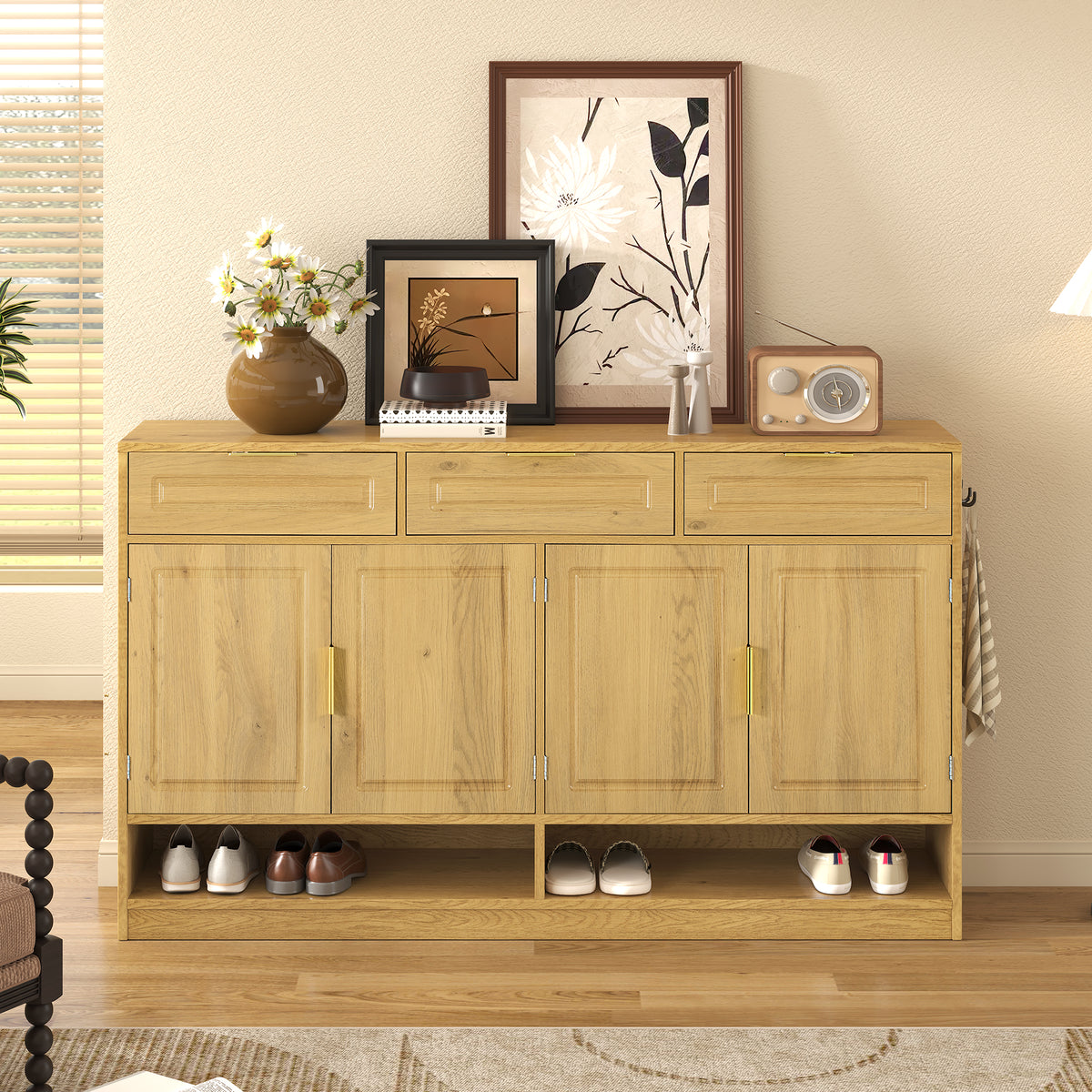 variant-group:rf-n711p345213o|Roomfitters 59.1" Farmhouse Sideboard Buffet Cabinet with 3 Drawers and 4 Doors, Kitchen Storage with Open Shelf, Natural