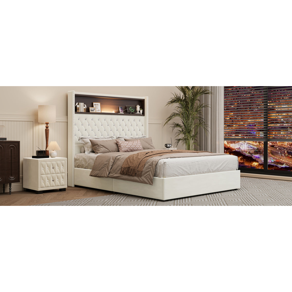 variant-group:rf-n733p368653a|Roomfitters Full Velvet Tufted Platform Bed with Charging Ports, Tall Wingback Headboard with Rivet Trim and Shelf, Beige