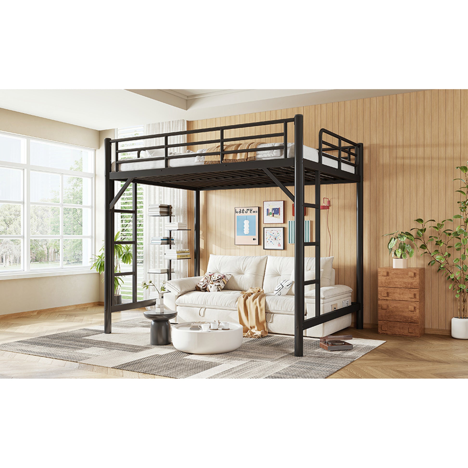 variant-group:rf-w1580p455015|Roomfitters Full Size Metal Loft Bed Frame with Guardrails, Heavy Duty Space Saving High Loft Bed Dual Ladders, Black