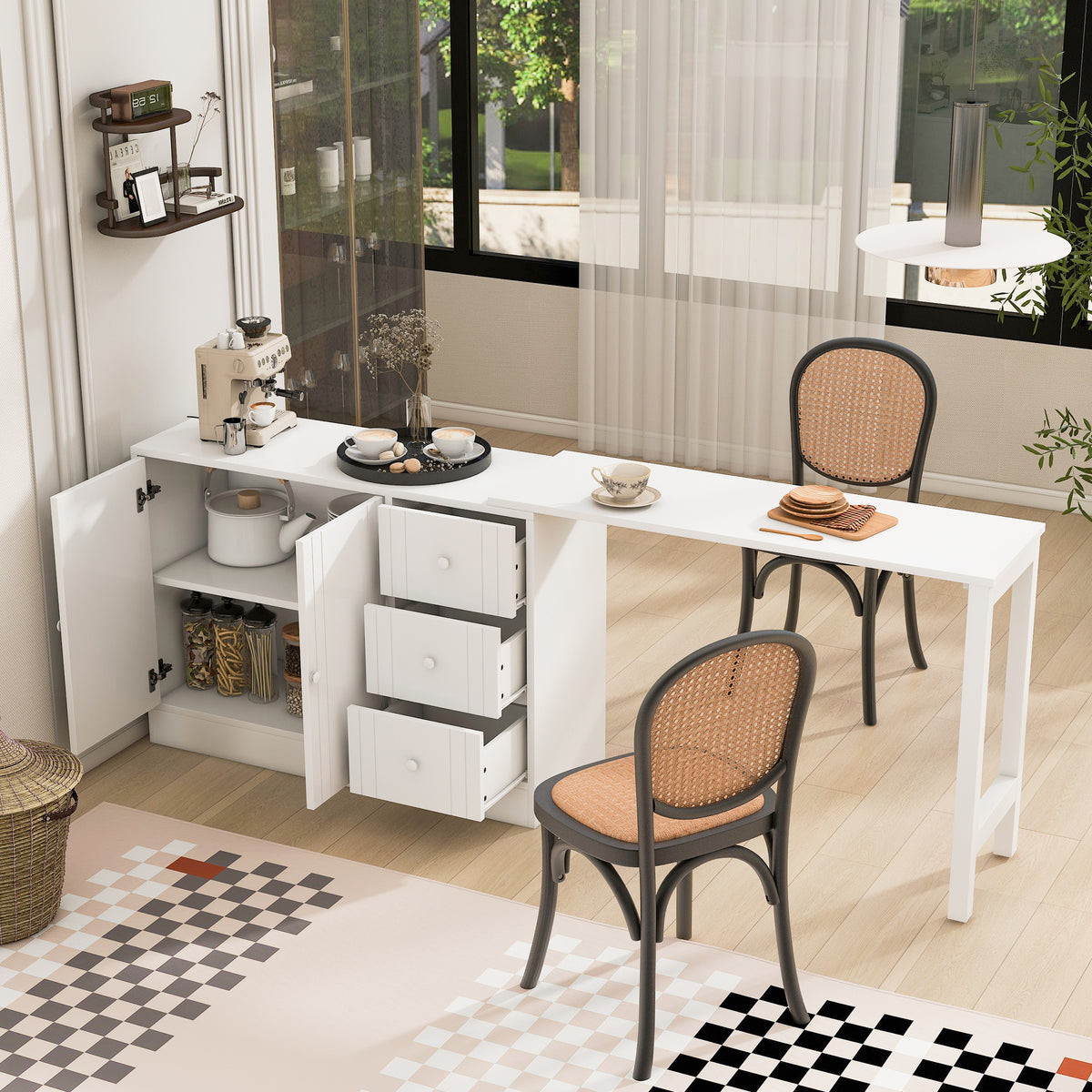 variant-group:rf-n711p334768k|Roomfitters Extendable Sideboard Buffet Cabinet with Storage, Multifunctional Console Table for Dining Room, White