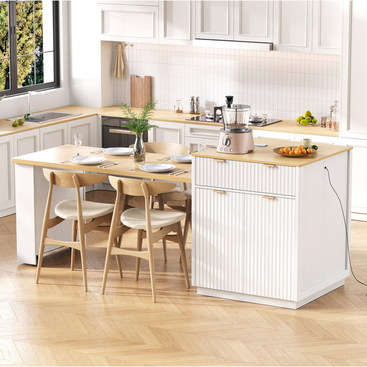 variant-group:rf-n707s000018w|Roomfitters 82.6" Fluted Kitchen Island with 51" Extendable Dining Table for 4-6, Power Outlet, White