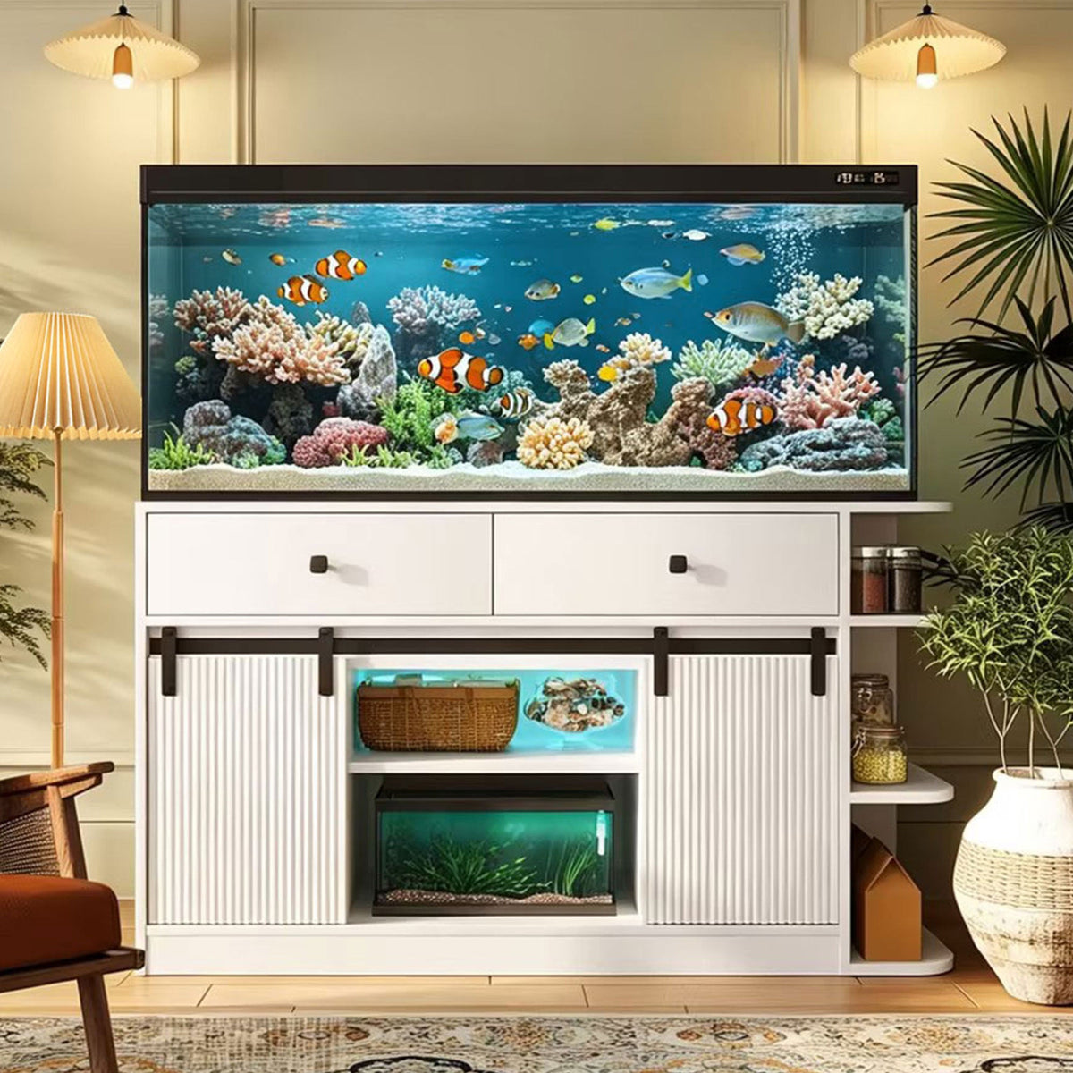 Roomfitters 75 Gallon Fish Tank Stand with Smart App RGB LED Lights Sliding Fluted Doors and Power Outlets White Roomfitters