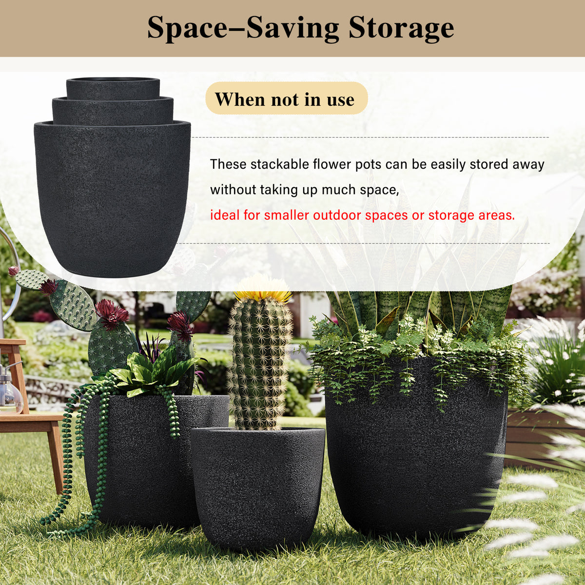 variant-group:rf-n711p406670b|Roomfitters Lightweight Matte Textured MGO Planter Set, 3-Piece Graduated Flower Pots, Black Concrete-Look Stackable