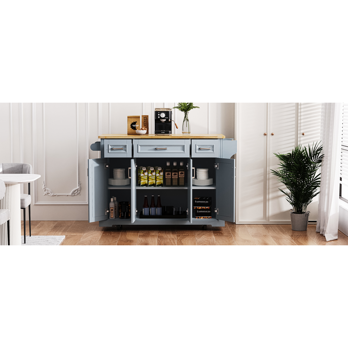 variant-group:rf-n707s195395g|Roomfitters 54" Kitchen Island with Wood Top, Rolling Storage Cabinet with 3 Drawers and 3 Doors, Spice Rack, Grey+Blue
