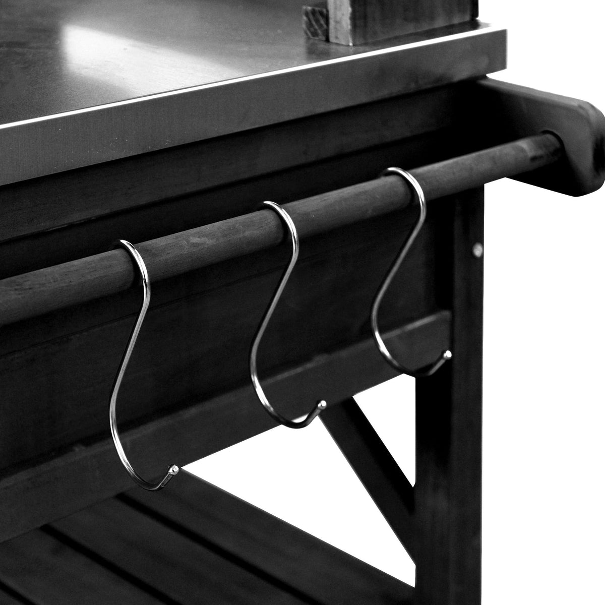 Roomfitters 64.9" Outdoor Potting Bench & Kitchen Island with Stainless Steel Top, Propane Rack & Lockable Wheels, Black