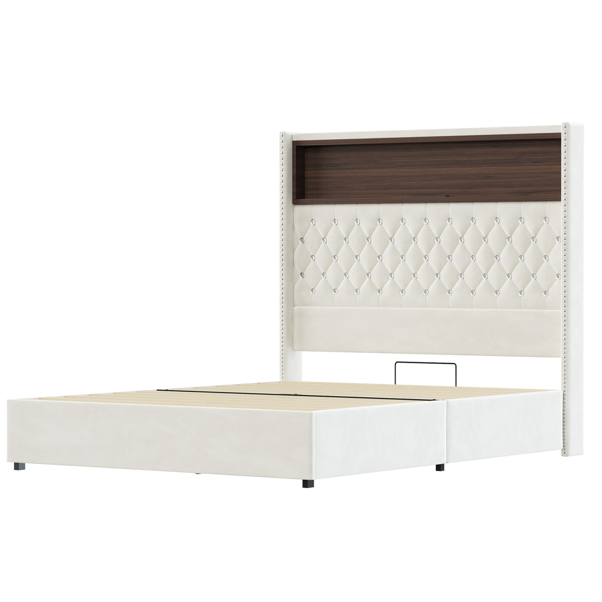 variant-group:rf-n733p368653a|Roomfitters Full Velvet Tufted Platform Bed with Charging Ports, Tall Wingback Headboard with Rivet Trim and Shelf, Beige