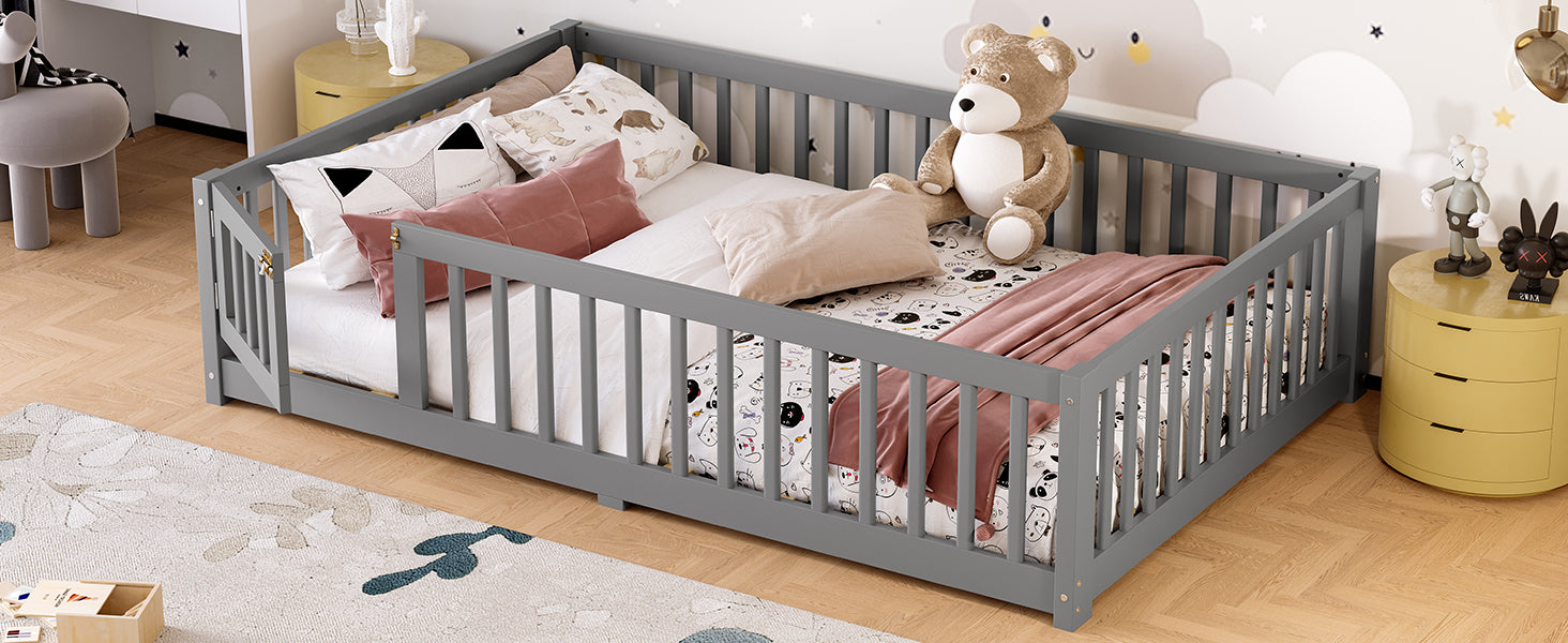 variant-group:rf-w1580p338951|Roomfitters Wooden Full Floor Bed Frame with Door & Safety Guardrails, Low Platform Design for Bedroom or Playroom, Gray