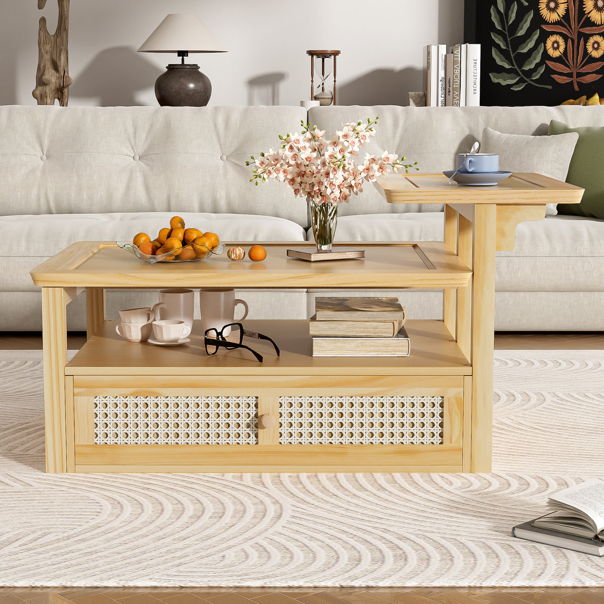 variant-group:rf-n724p232190n|Roomfitters Modern Coffee Table with Open Shelf, Dual Tabletops and Rattan Accent Storage, Natural