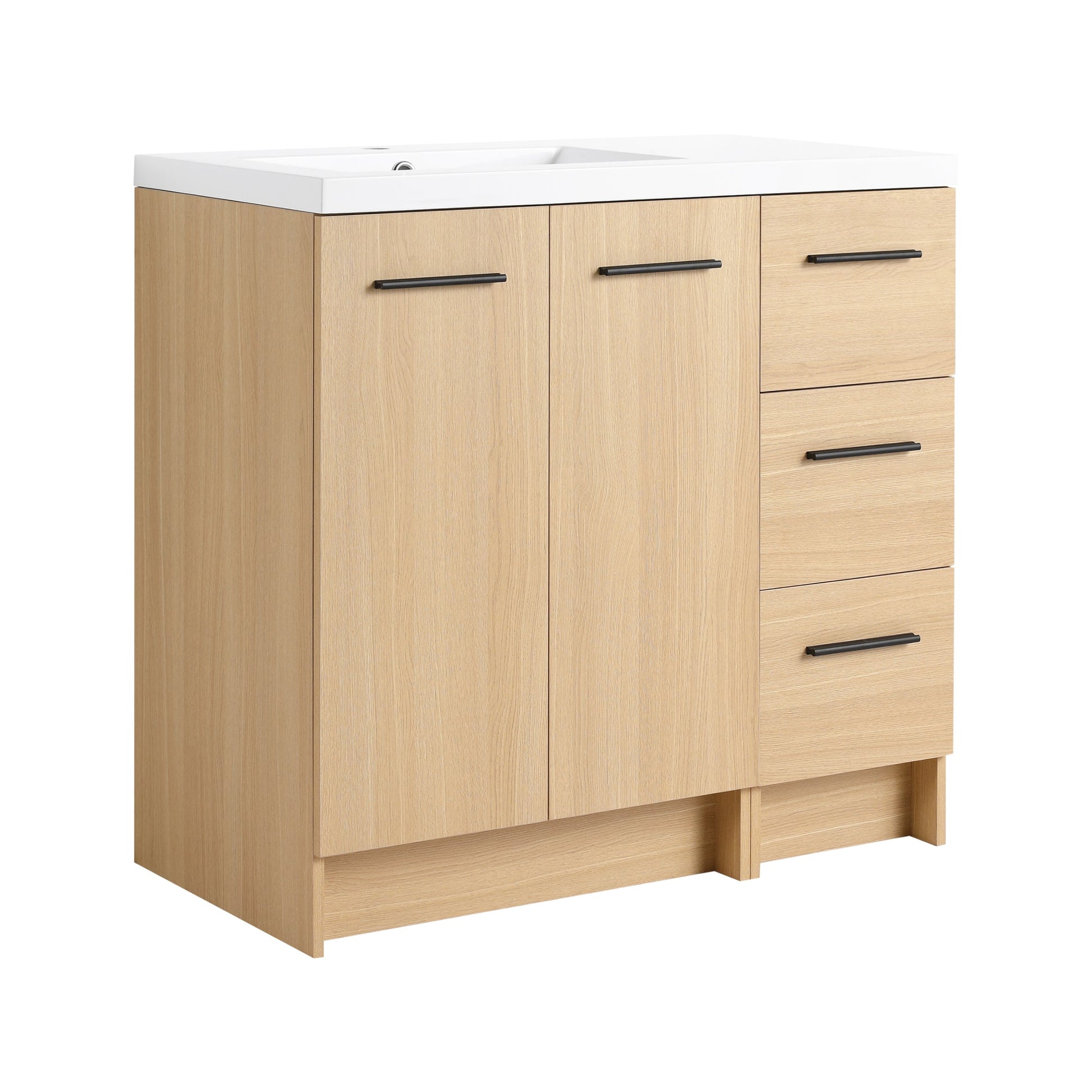 36" Modular Freestanding Bathroom Vanity with 36" Resin Sink Top, Light Oak, 2-Piece Cabinet (24" 2-Door + 12" 3-Drawer), KD Cabinet, Includes Black & Brushed Aluminum Handles Roomfitters