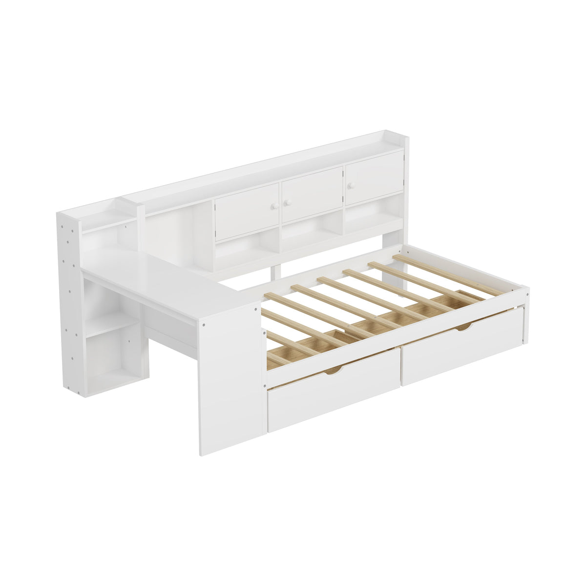 Roomfitters Wooden L-Shape Daybed with Storage Cabinets, Study Desk, Built-In Bookshelf, Space-Saving Platform Bed, White