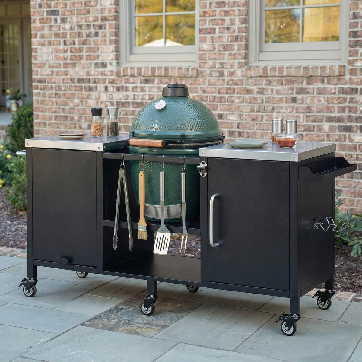 Roomfitters 72.4"W Extra Large Grill Cart, Outdoor Kitchen Prep Station with Stainless Steel Top and Folding Side Table, Black