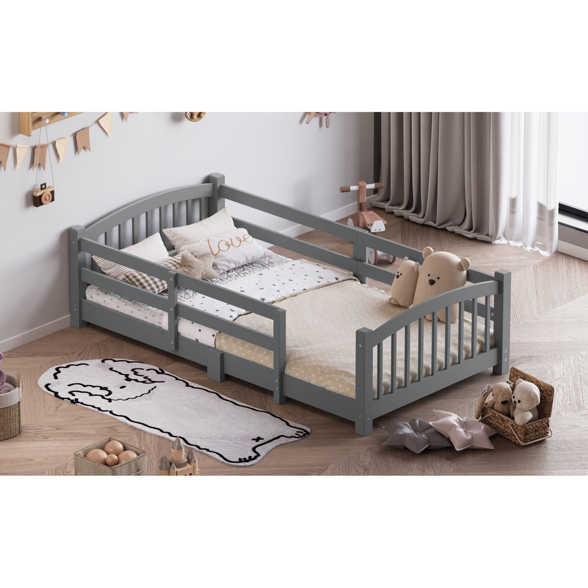 variant-group:rf-n733p400298e|Roomfitters Twin Montessori Floor Bed with Guardrails, Solid Wood Low Platform Bed with Slats, Easy Assembly, Gray