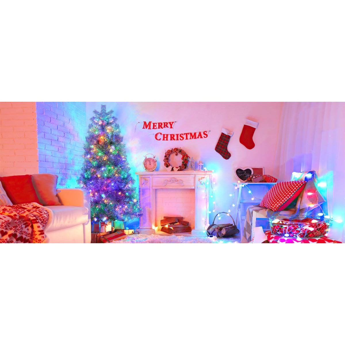 Roomfitters Pre-Lit Artificial Christmas Tree 6FT, Full Hinged Holiday Tree with Metal Stand, Warm Lights, 800 Tips, Silver Roomfitters