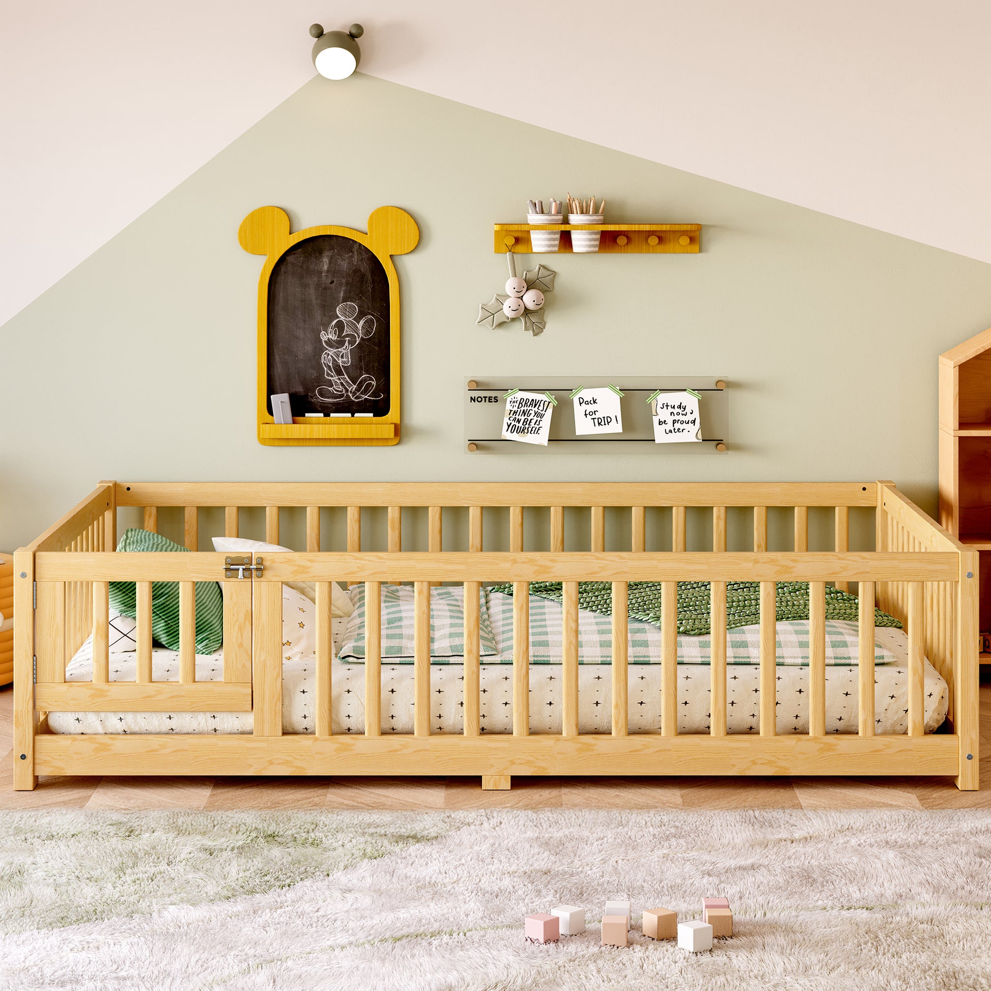 variant-group:rf-w1580p338952|Roomfitters Wooden Full Floor Bed Frame with Door & Safety Guardrails, Low Platform Design for Bedroom or Playroom, Natural