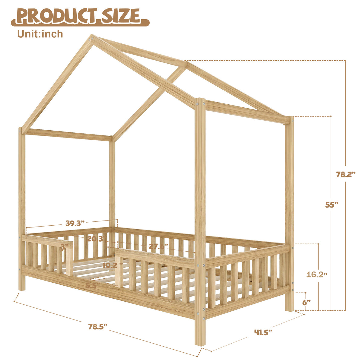 variant-group:rf-n733p356043m|Roomfitters Twin Montessori Floor Bed with Canopy, House Shape Wood Frame with Safety Rails, Youth Platform Bed, Natural