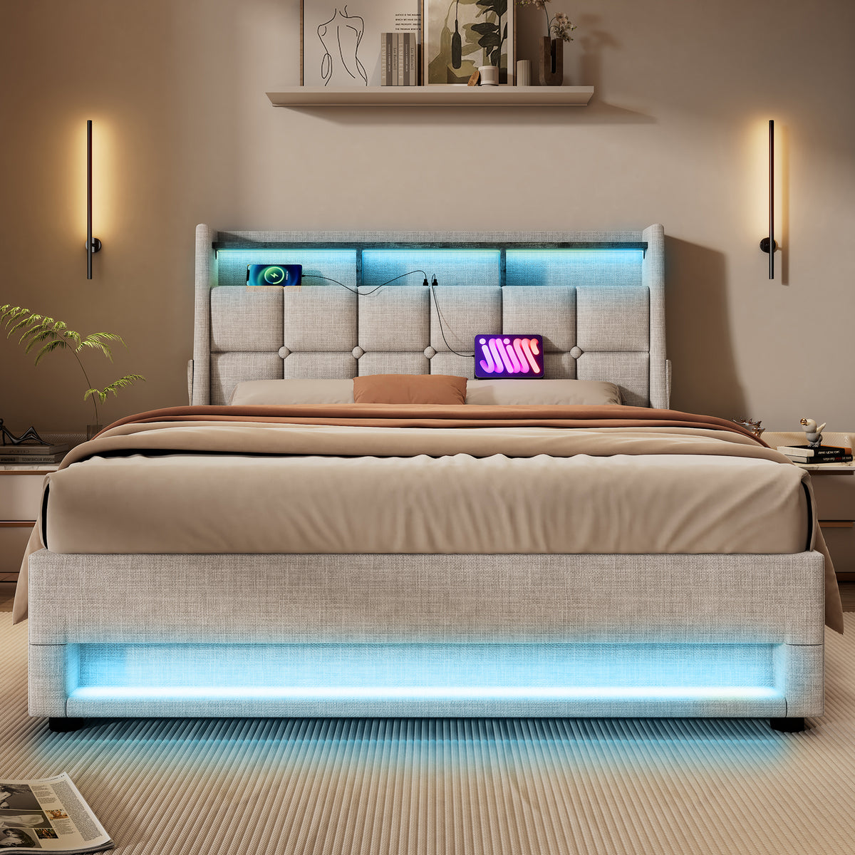 variant-group:rf-n736aa20690708b|Roomfitters Full Size Upholstered Platform Bed with Storage System, USB Charging Ports, Natural