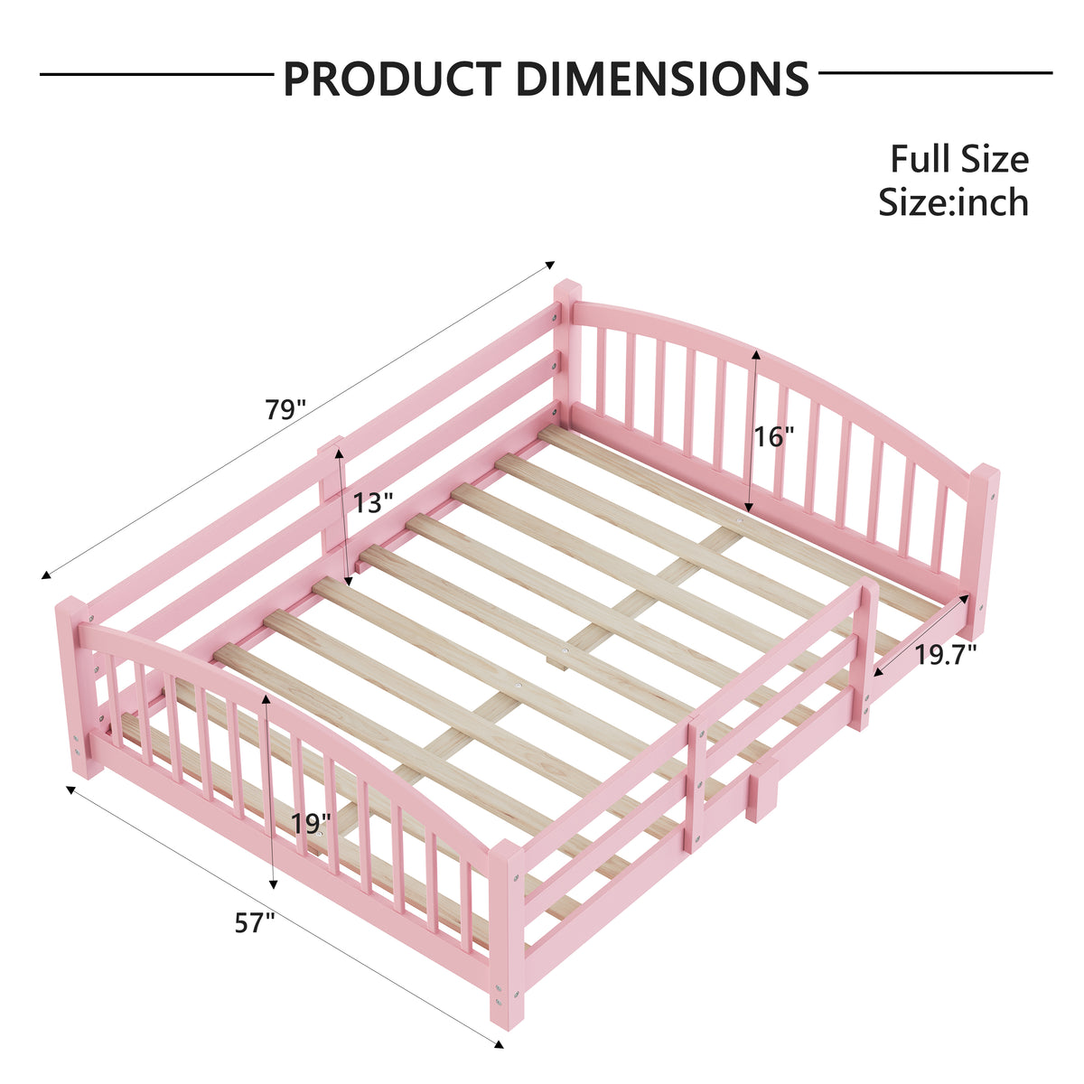 variant-group:rf-n733p400299h|Roomfitters Full Montessori Floor Bed with Guardrails, Solid Wood Low Platform Bed with Slats, Easy Assembly, Pink
