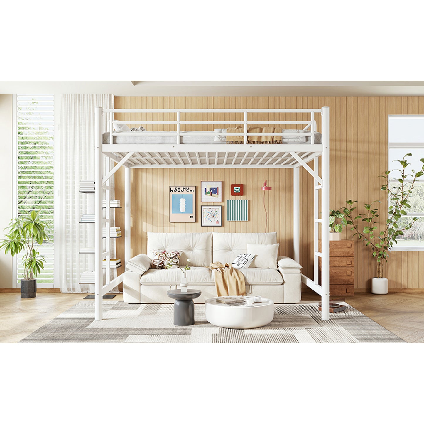 variant-group:rf-w1580p455016|Roomfitters Full Size Metal Loft Bed Frame with Guardrails, Heavy Duty Space Saving High Loft Bed Dual Ladders, White