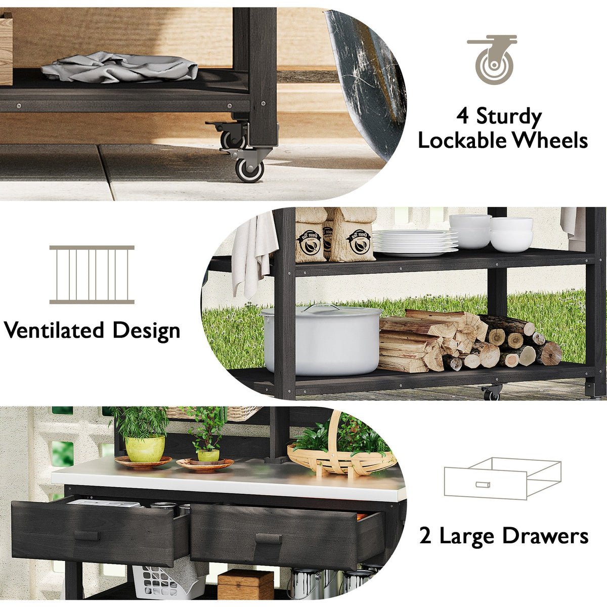 Roomfitters 64.9" Outdoor Potting Bench & Kitchen Island with Stainless Steel Top, Propane Rack & Lockable Wheels, Black