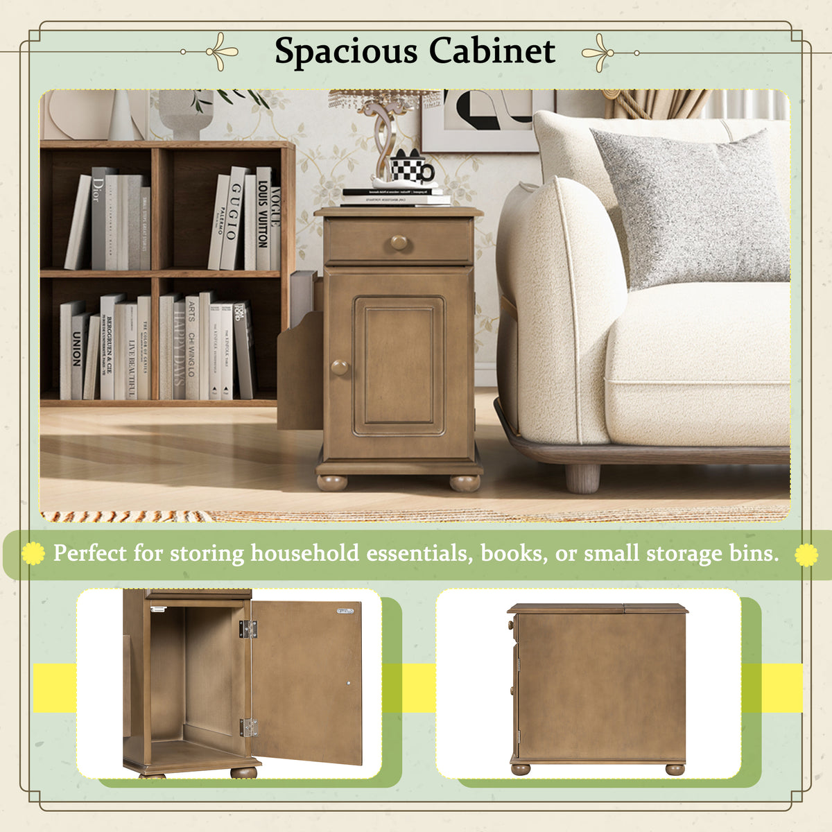 variant-group:rf-n724p293133d|Roomfitters Vintage Sofa Side Table with USB Ports, Flip Top, Cup Holders and Bookshelf Storage for Small Spaces, Brown