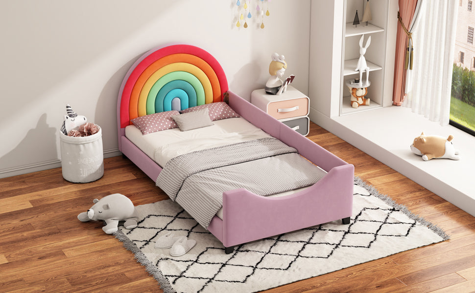 Roomfitters Twin Size Rainbow Upholstered Daybed Frame, Low to Ground Cute Princess Bed, Enclosed Fence, Colorful & Pink Roomfitters