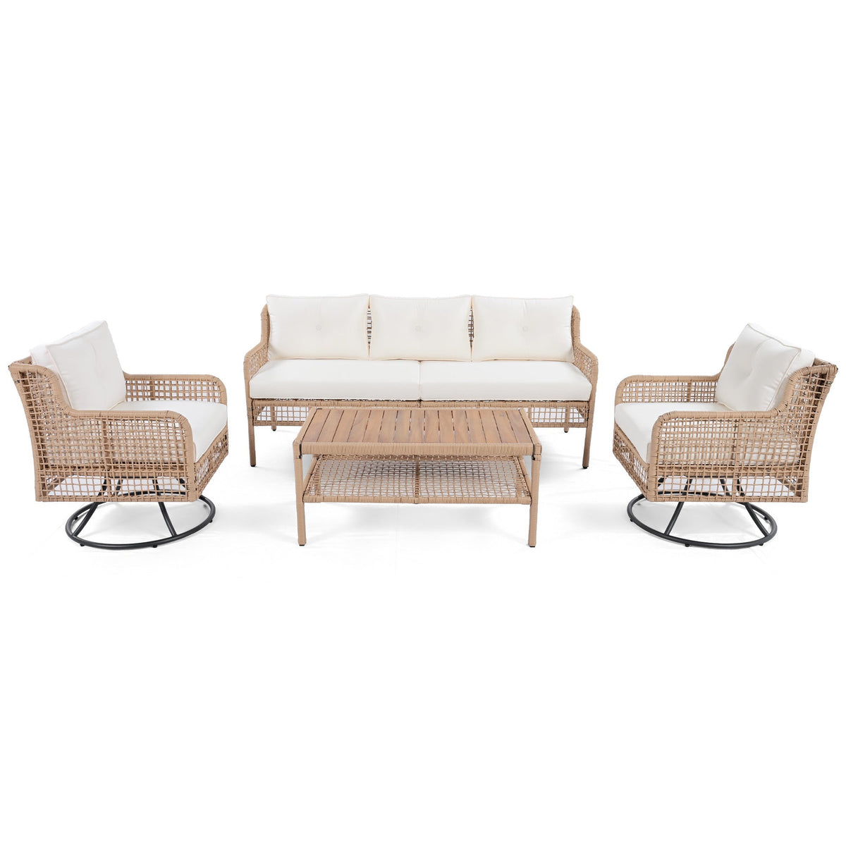 Roomfitters 4-Piece Patio Furniture Set with 360-Degree Swivel Rocking Chairs and Storage Coffee Table Beige Roomfitters