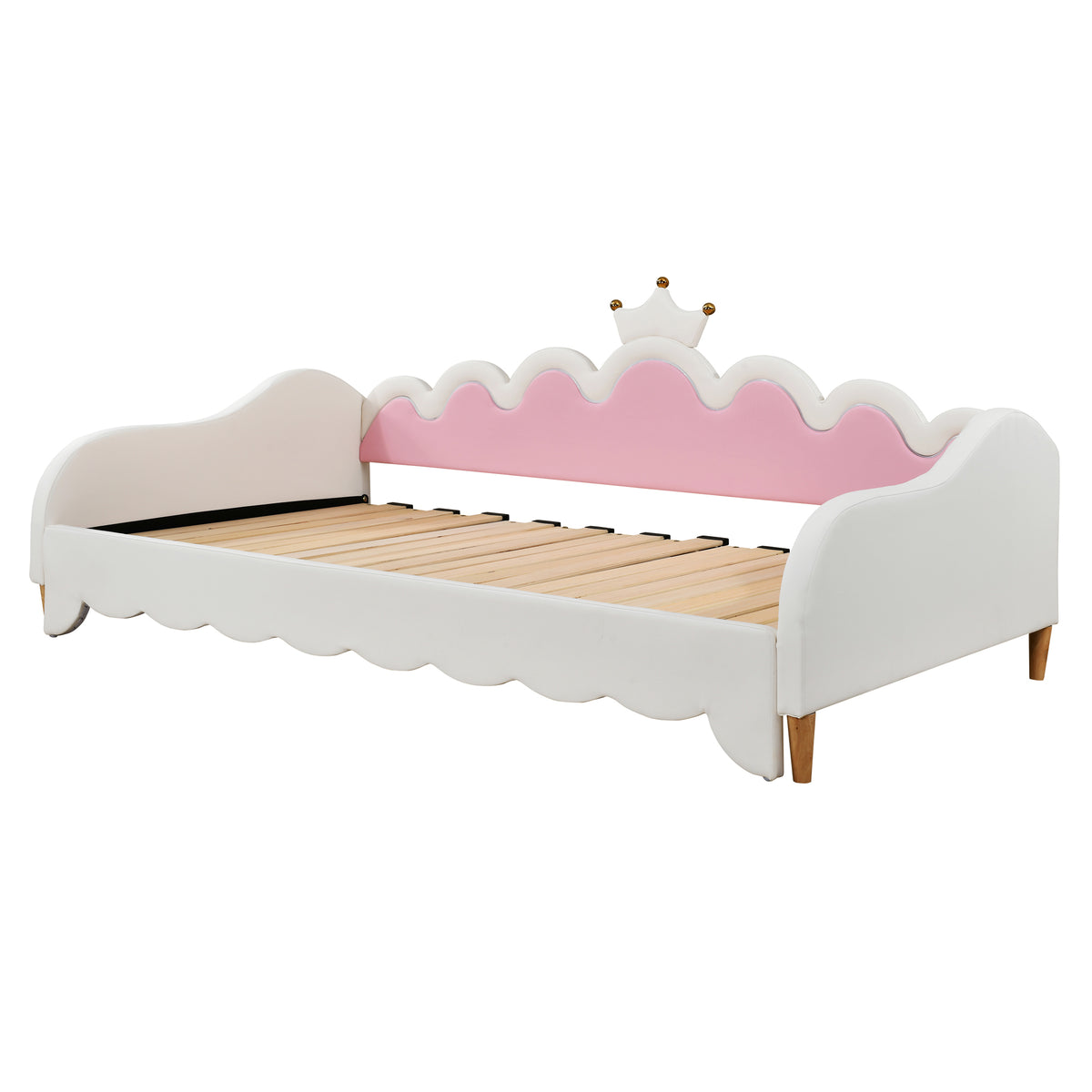 variant-group:rf-n733hl000104aak|Roomfitters Twin Extending Daybed with Lights, Modern Upholstered Princess Daybed with Crown Headboard, Sophisticated and Functional Design, White